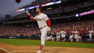 Kyle Schwarber celebrating after his walk-off home run for the Philadelphia Phillies