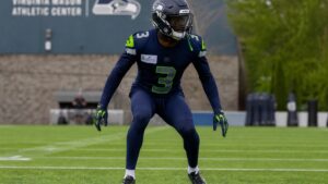 Terrion Arnold in a Seattle Seahawks uniform during a practice session