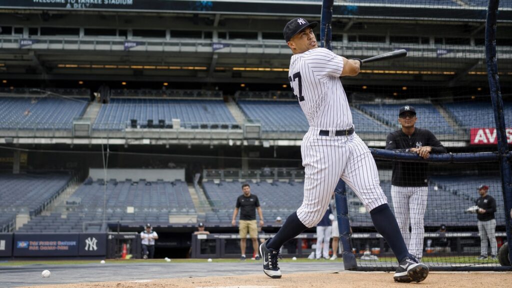 Giancarlo Stanton taking batting practice for the New York Yankees at Yankee Stadium