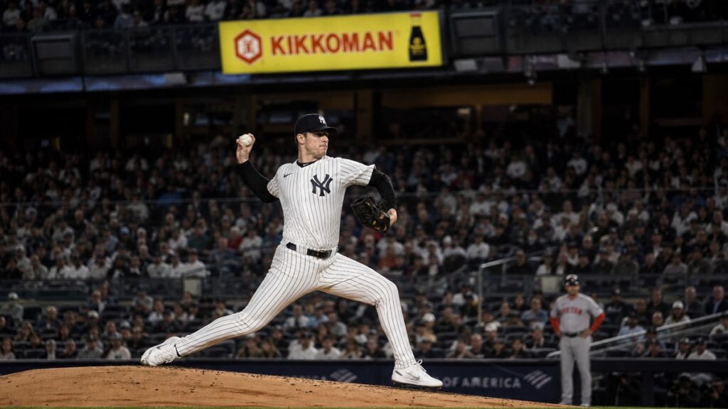 Will Warren pitching for the New York Yankees at Yankee Stadium