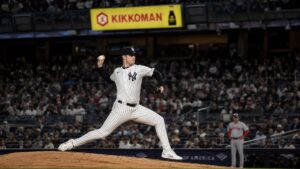 Will Warren pitching for the New York Yankees at Yankee Stadium