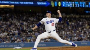 Tarik Skubal pitching for the Los Angeles Dodgers
