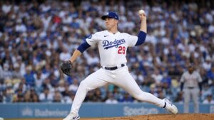 Tarik Skubal pitching for the Los Angeles Dodgers after trade from Detroit Tigers