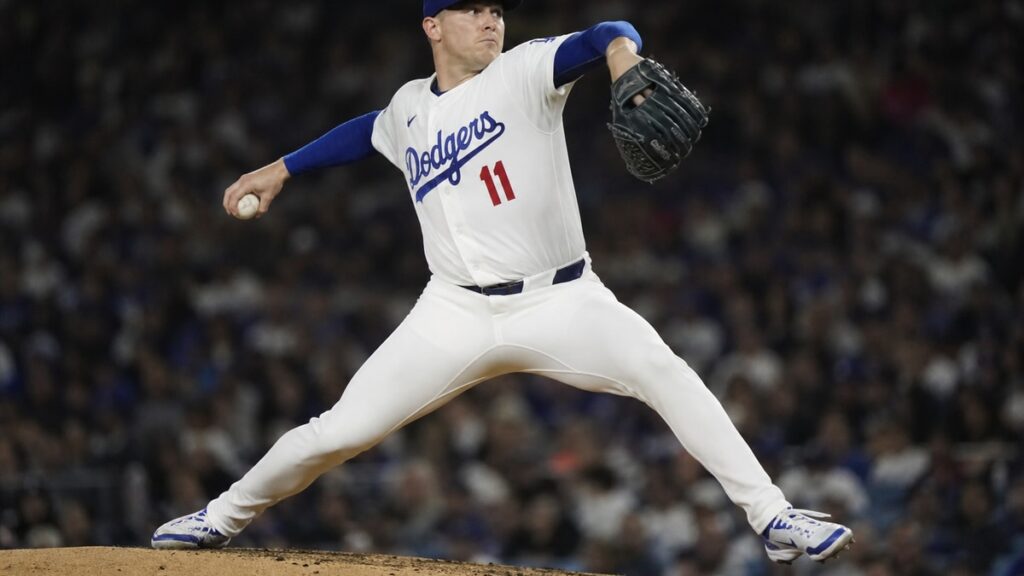 Tarik Skubal pitching for the Los Angeles Dodgers