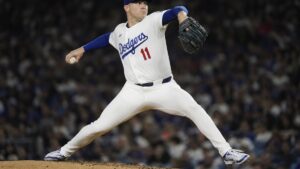 Tarik Skubal pitching for the Los Angeles Dodgers