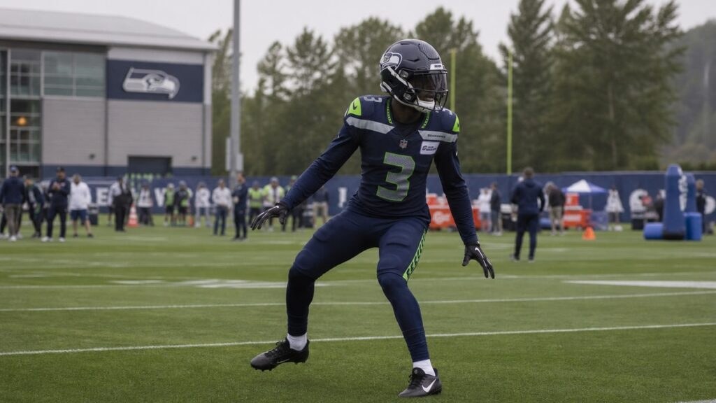 Seattle Seahawks cornerback in coverage during practice, representing the team secondary Terrion Arnold is set to join