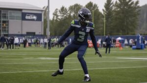 Seattle Seahawks cornerback in coverage during practice, representing the team secondary Terrion Arnold is set to join