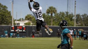 Travis Hunter making a defensive play for the Jacksonville Jaguars during training camp