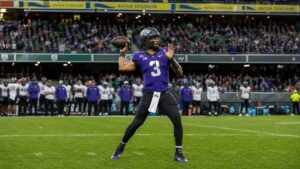 TCU quarterback Jaden Craig throwing a pass ahead of the North Carolina season opener in Dublin