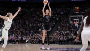 Janelle Salaun shooting a three-pointer for the Golden State Valkyries