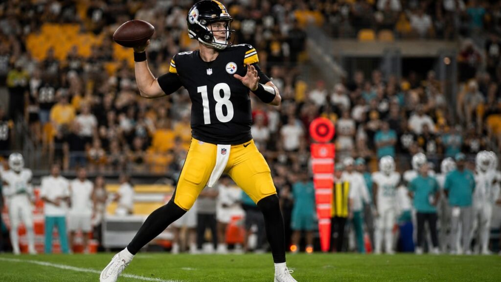 Will Howard throwing a pass for the Pittsburgh Steelers