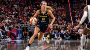 Lexie Hull driving to the basket for the Indiana Fever