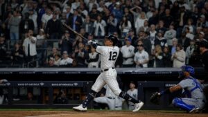 Trent Grisham of the New York Yankees hitting a home run