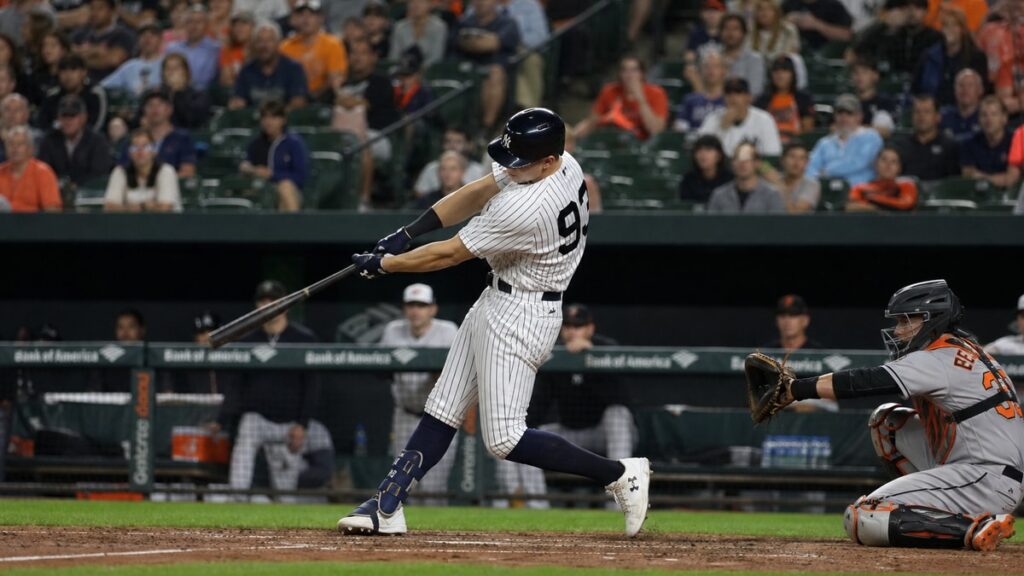 Ben Rice of the New York Yankees batting against the Baltimore Orioles at Camden Yards