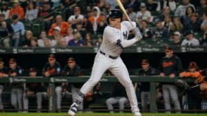 Ben Rice batting for the New York Yankees against the Baltimore Orioles