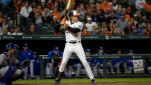 Gunnar Henderson at bat for the Baltimore Orioles at Camden Yards