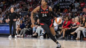 Jewell Loyd driving to the basket for the Las Vegas Aces