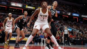Aliyah Boston battles for a rebound for the Indiana Fever against the Las Vegas Aces