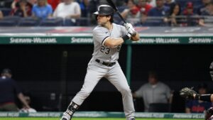Andrew Benintendi at bat for the Chicago White Sox against the Cleveland Guardians
