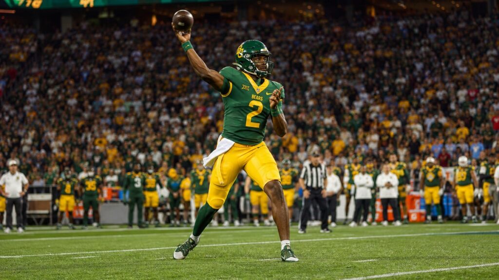 DJ Lagway throwing a pass for Baylor against Auburn in the Aflac Kickoff Game