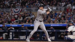 Ben Rice batting for the New York Yankees against the Minnesota Twins