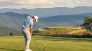 Davis Thompson hitting an approach shot at the Biltmore Championship