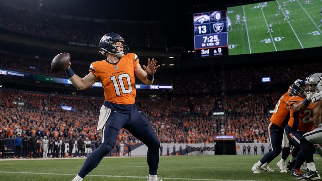 Bo Nix throwing a pass for the Denver Broncos at Empower Field at Mile High