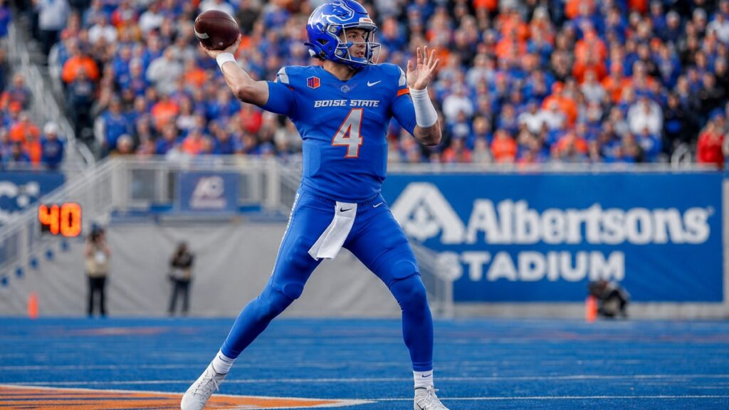 Boise State Broncos quarterback throwing a pass, representing the team's College Football Playoff odds push