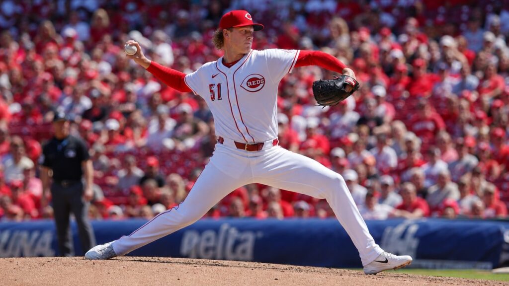 Brady Singer pitching for the Cincinnati Reds at Great American Ball Park