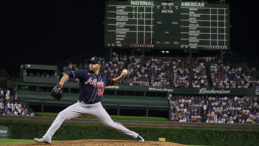 Martin Perez pitching for the Atlanta Braves against the Chicago Cubs