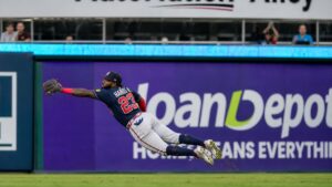Michael Harris II of the Atlanta Braves making a diving catch in center field
