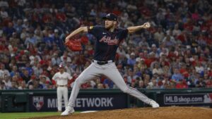 Chris Sale pitching for the Atlanta Braves against the Philadelphia Phillies