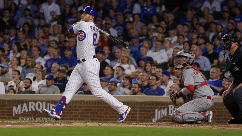 Ian Happ batting for the Chicago Cubs at Wrigley Field