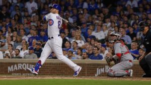 Ian Happ batting for the Chicago Cubs at Wrigley Field