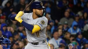 Jackson Chourio batting for the Milwaukee Brewers against the Chicago Cubs at Wrigley Field