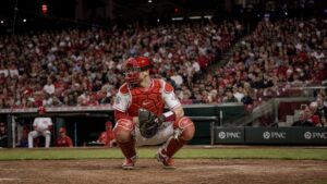 Tyler Stephenson catching for the Cincinnati Reds at Great American Ball Park