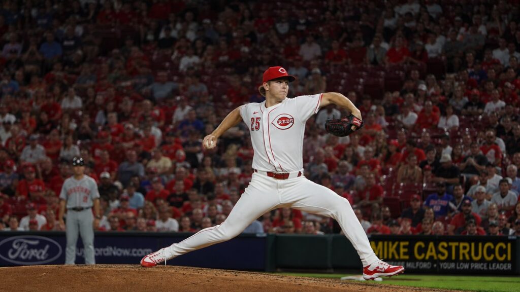Rhett Lowder pitching for the Cincinnati Reds at Great American Ball Park