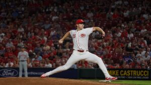 Rhett Lowder pitching for the Cincinnati Reds at Great American Ball Park