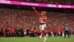 Patrick Mahomes throwing a pass for the Kansas City Chiefs at Arrowhead Stadium