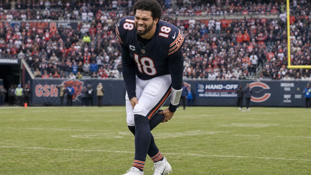 Caleb Williams scrambling and grabbing his right hamstring for the Chicago Bears