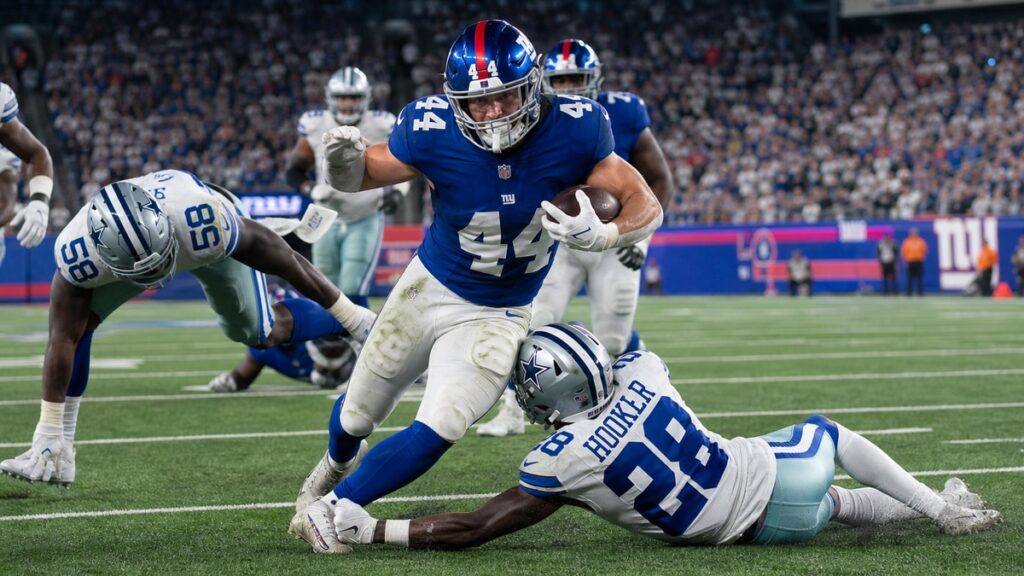 Cam Skattebo running for the New York Giants against the Dallas Cowboys