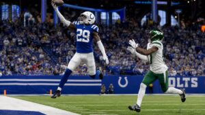 Colts cornerback Cam Taylor-Britt making a defensive play for Indianapolis