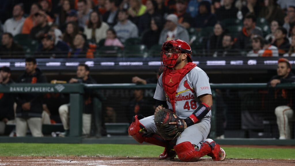 Ivan Herrera catching for the St. Louis Cardinals
