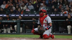 Ivan Herrera catching for the St. Louis Cardinals