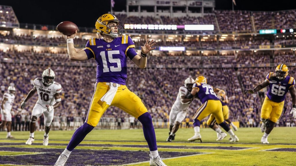 LSU Tigers quarterback throwing a pass ahead of the LSU vs Ole Miss showdown