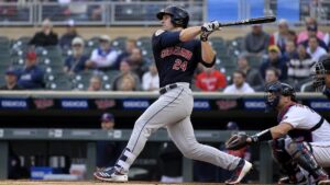 Chase DeLauter batting for the Cleveland Guardians against the Minnesota Twins