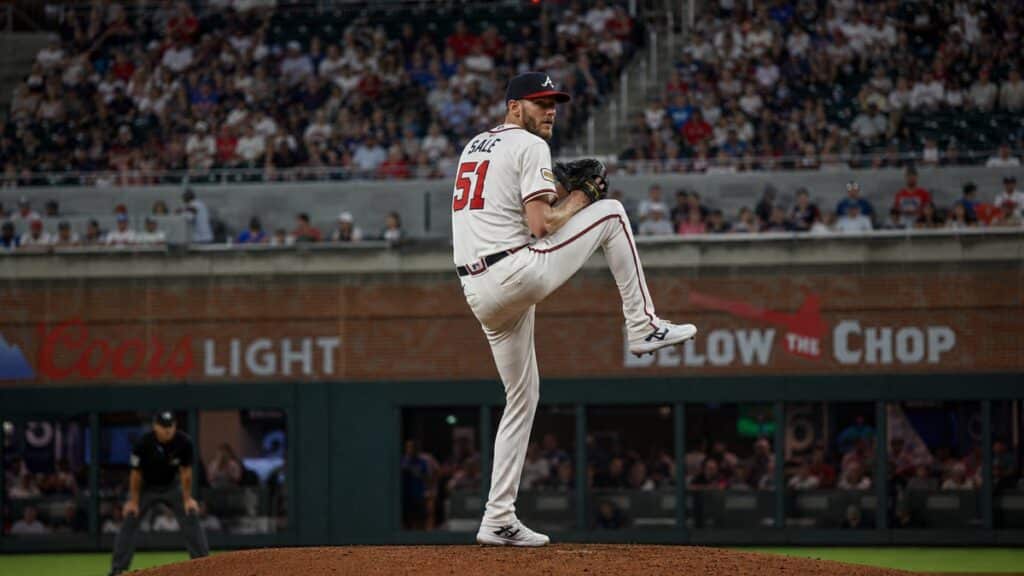 Chris Sale pitching for the Atlanta Braves against the Phillies