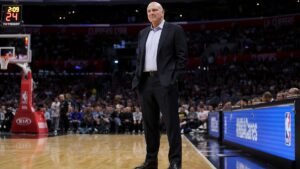 Steve Ballmer, Los Angeles Clippers owner, courtside at an NBA arena