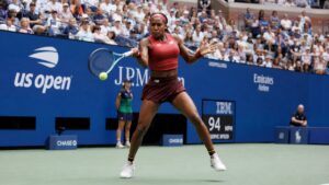 Coco Gauff hitting a forehand at the US Open