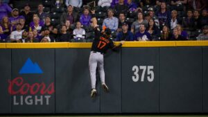 Colton Cowser making a leaping home run robbery catch for the Baltimore Orioles